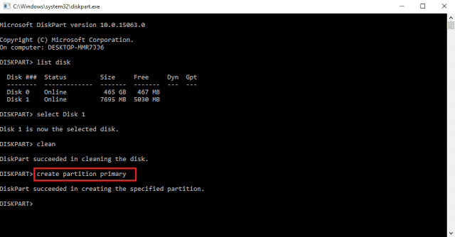 Command 4 - create partition primary