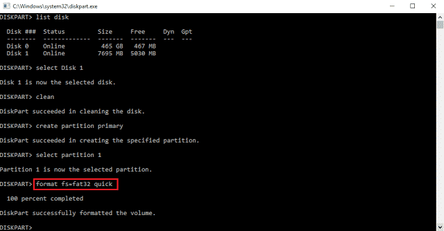 Command 6 - format fs=fat32 quick