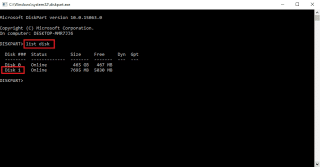 Command 1 - list disk