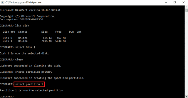 Command 5 - select partition 1